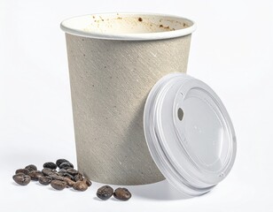 Disposable paper coffee cup with lid and roasted beans.