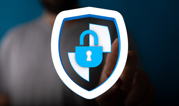 Secure digital data on the internet represented by a padlock and shield icon, showing the concept of protection and security. Hand in - Powered by Adobe