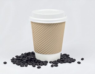 Disposable paper coffee cup with lid and sleeve surrounded by coffee beans.