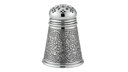 Ornate sterling silver condiment dispenser showcases intricate floral engraving against a dark background