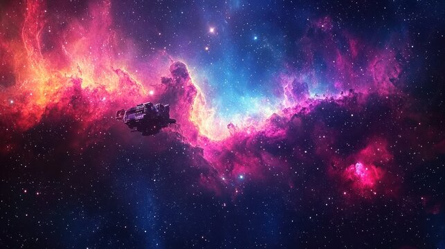 A vibrant, colorful nebula with a spaceship flying through it, set against a starry, cosmic background.