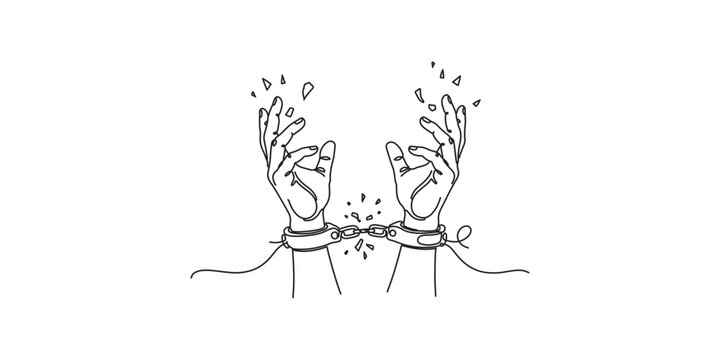 Minimal one-line art of two hands breaking free from handcuffs, with shattered chains flying outward. A powerful symbol of liberation, resistance, and freedom.