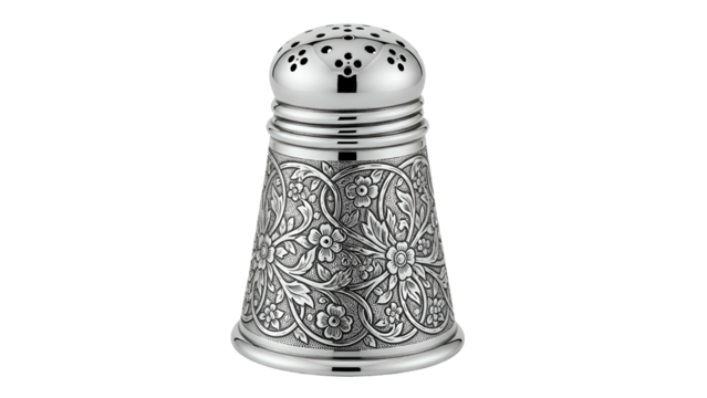 Ornate sterling silver condiment dispenser showcases intricate floral engraving against a dark background