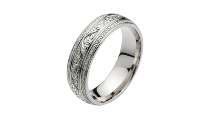 Highly polished metal band features intricate scroll engraving around its circumference against a dark background