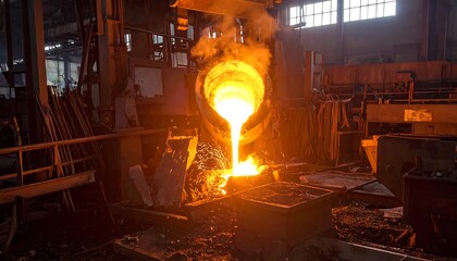 Molten metal pours from a ladle, casting light and steam in a dark, industrial factory setting