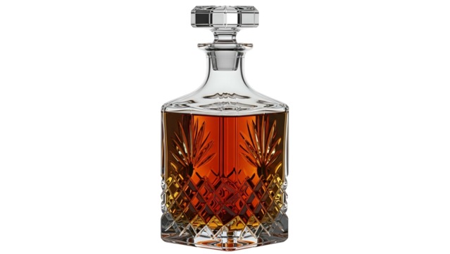 Ornate crystal beverage container holds amber liquid against a deep black background