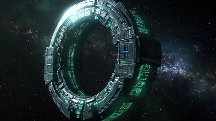 A futuristic, circular spaceship with glowing green and black panels and a sleek, metallic exterior, floating in space against a backdrop of stars.