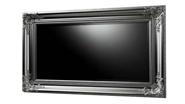 Ornate rectangular border showcases a dark screen against a black background
