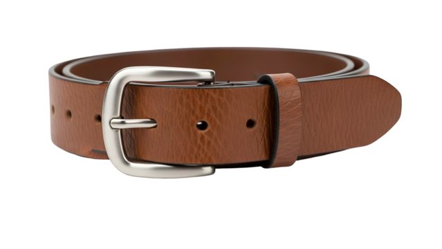 Single leather strap accessory featuring a polished metallic fastener isolated against a solid black background