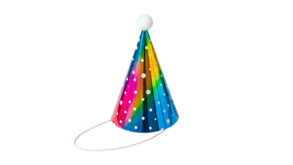 Conical celebration headwear displays bright rainbow colors and white polka dots against a dark background
