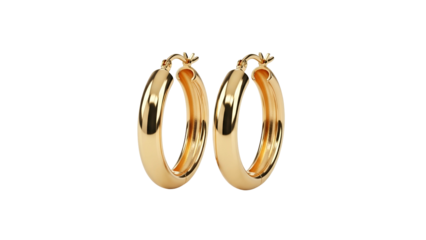 Pair of thick gold hoop earrings presented against a solid black background
