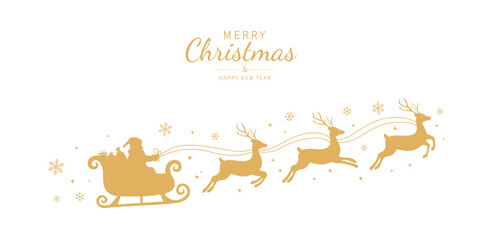 Santa Claus ride sleigh with flying reindeer. Snowflake and star decorative element. Santa Sleigh Silhouette. Merry christmas banner. Vector illustration