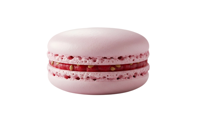 Delicate pink meringue cookie sandwich filled with bright red preserve rests against deep black background