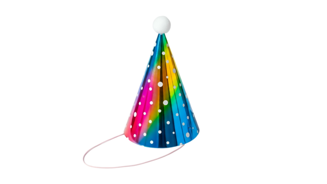 Conical celebration headwear displays bright rainbow colors and white polka dots against a dark background