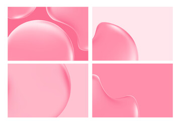 Elegant light pink liquid texture with bubbles, gradient background with copy space. Fluid iridescent gel blobs close up, collagen serum, oil texture. Beautiful cosmetic presentation.