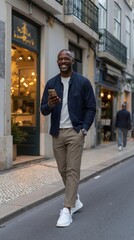 A man walking down the street while looking at his phone