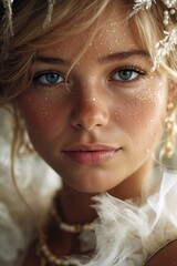 A woman with a flower crown on her head and blue eyes