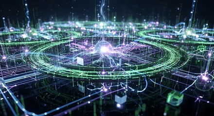 Abstract glowing network of interconnected circles, lines, and nodes, suggesting a complex system or futuristic technology.