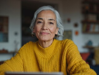 A woman in a yellow sweater sitting at a table with a laptop