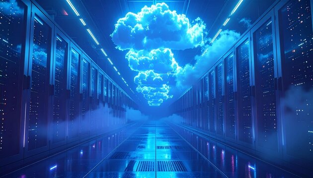 A server room glows blue with a cloudy motif in the