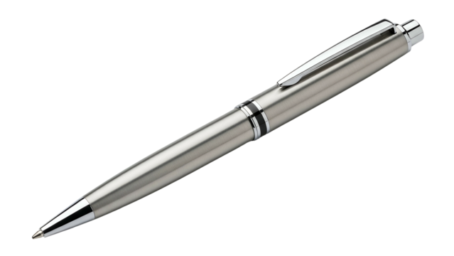 Metallic ballpoint writing instrument rests diagonally against a solid black background