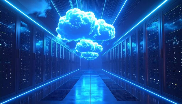 A futuristic cloud server room with blue neon lights and fluffy cloud