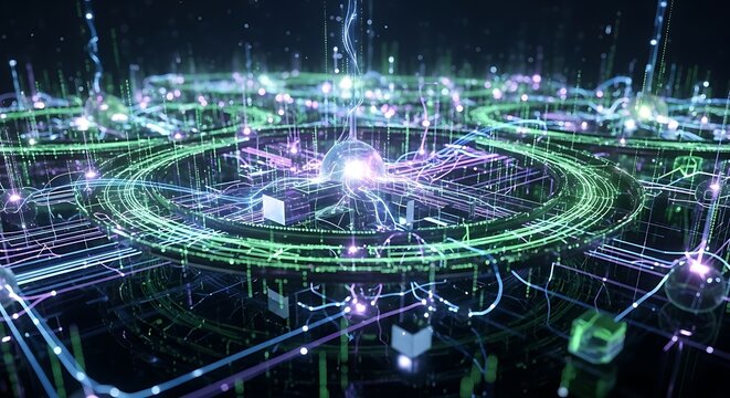Abstract glowing network of interconnected circles, lines, and nodes, suggesting a complex system or futuristic technology.