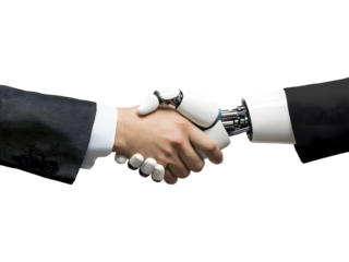 Robotic and human hands joining together isolated on white background, representing collaboration between technology and humanity.