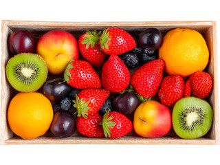 Wooden box filled with assorted fresh fruits isolated on transparent background, ideal for healthy lifestyle visuals.