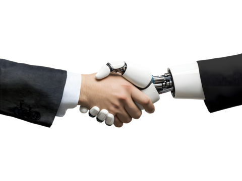 Robotic and human hands joining together isolated on white background, representing collaboration between technology and humanity.