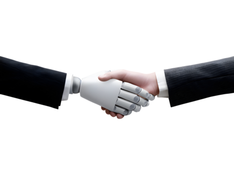 Robotic and human hands joining together isolated on white background, representing collaboration between technology and humanity.