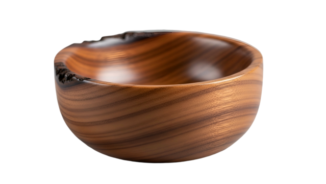 Handcrafted wooden bowl exhibits rich grain patterns against a dark background