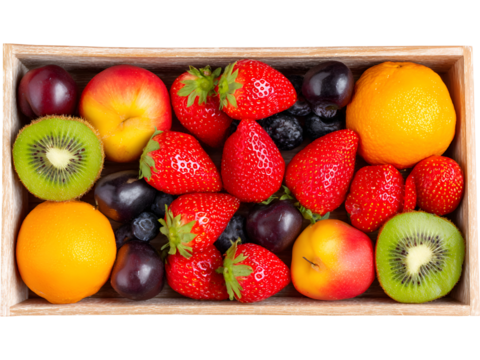 Wooden box filled with assorted fresh fruits isolated on transparent background, ideal for healthy lifestyle visuals.