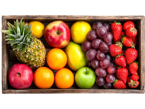 Wooden box filled with assorted fresh fruits isolated on transparent background, ideal for healthy lifestyle visuals.