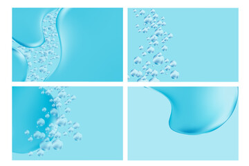 Elegant blue liquid water texture with bubbles, gradient background with copy space. Fluid iridescent gel blobs close up, collagen serum, oil texture. Beautiful cosmetic presentation.