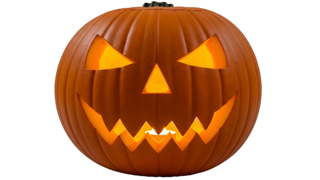 Illuminated carved gourd displays a menacing face against a pure black background