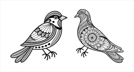 Fototapeta premium Two decorative birds coloring page vector illustration outline art for relaxation activity