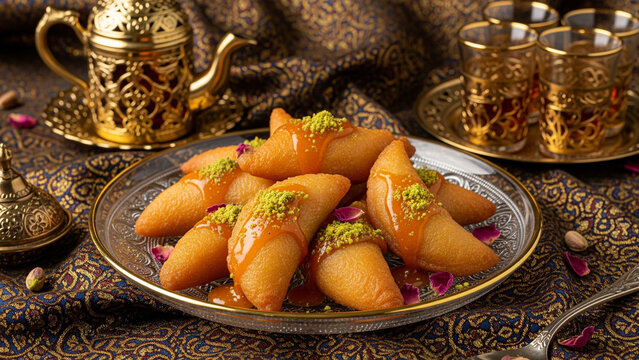 Golden Qatayef with Pistachio - Traditional Syrian Ramadan Sweet Pastry Served Elegantly