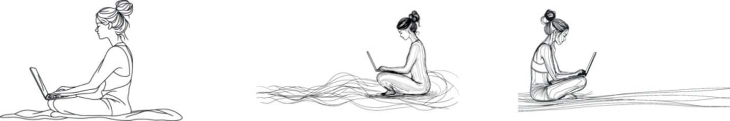 The continuous one line drawing portrays a casual woman sitting at home, using her laptop to do freelance work in a serene environment