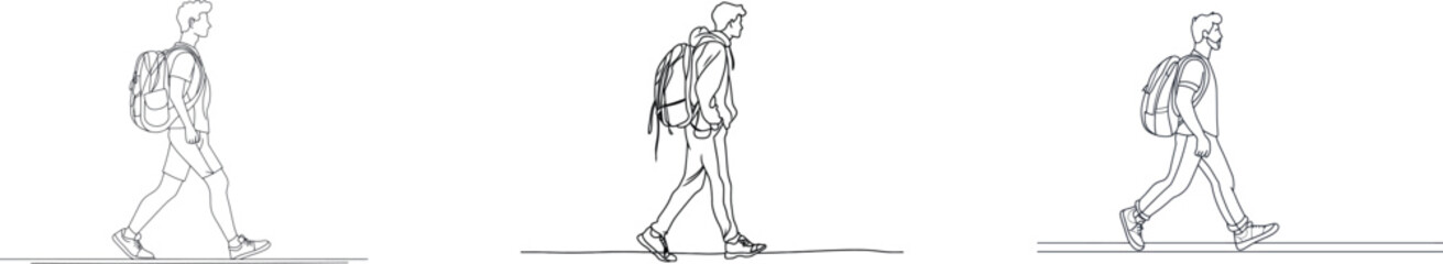 The illustration of a man walking on the street, created in a continuous single line, represents the concept of a student in college with a bag