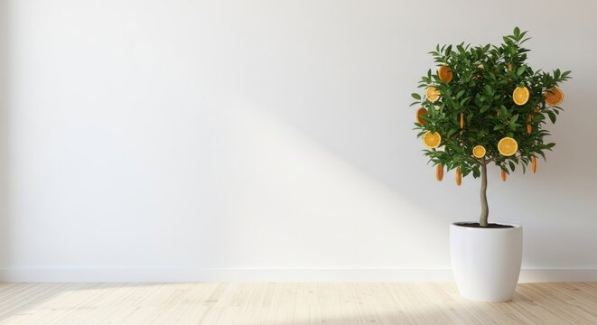 Decorative orange tree filled with ripe fruit placed in a modern indoor space with minimalist design and natural light
