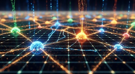 Abstract visualization of interconnected nodes with colorful glowing orbs and streaming light trails on a dark grid background.