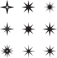 Nine Black Starburst and Sparkle Icons on White shine