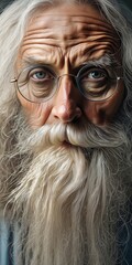 A close up of an old man with a long white beard and glasses