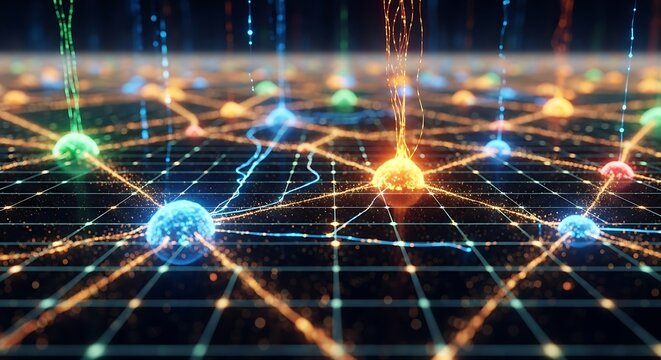 Abstract visualization of interconnected nodes with colorful glowing orbs and streaming light trails on a dark grid background.
