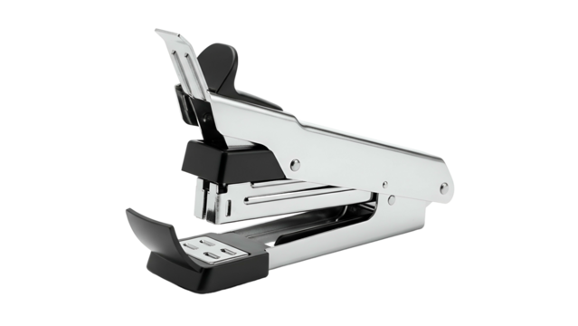 Polished metallic stapler rests against a solid black background in a close up  shot