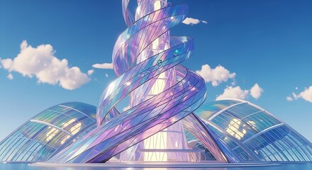 Futuristic architectural design featuring a swirling, iridescent tower atop a modern, glass-domed structure under a bright blue sky with fluffy clouds.