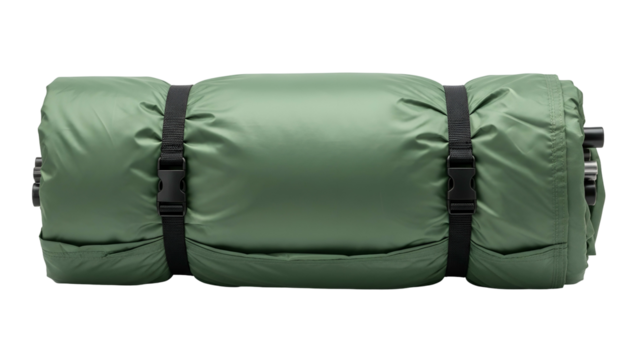 Cylindrical outdoor sleeping pad secured with dark straps is presented against a black background