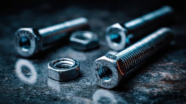 Close-up, moody shot of hardware bolts and nuts rest on a dark, textured surface