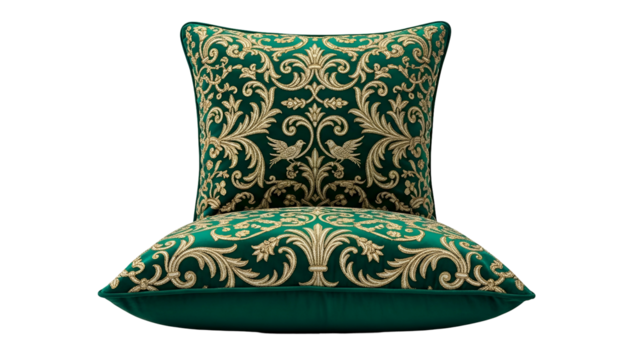 Two opulent velvet decorative cushions featuring ornate gold embroidery rest against a stark black background